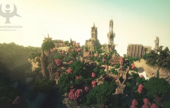 Forest, the sky, bridge, the city, river, tower, fantasy, Minecraft