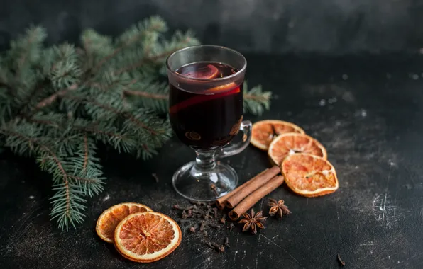 Wallpaper citrus, fir-tree branches, cinnamon, drink, clove