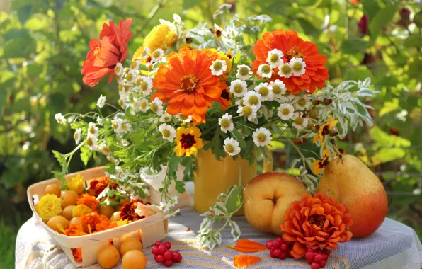 Bouquet, fruit, still life, pear, the table, colors, summer garden, plum.