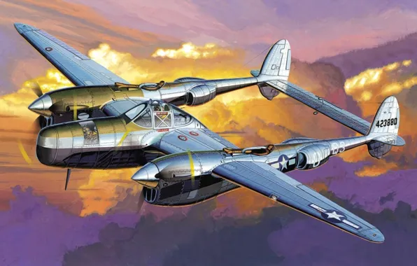 Picture war, art, airplane, painting, aviation, P-38 Pathfinder