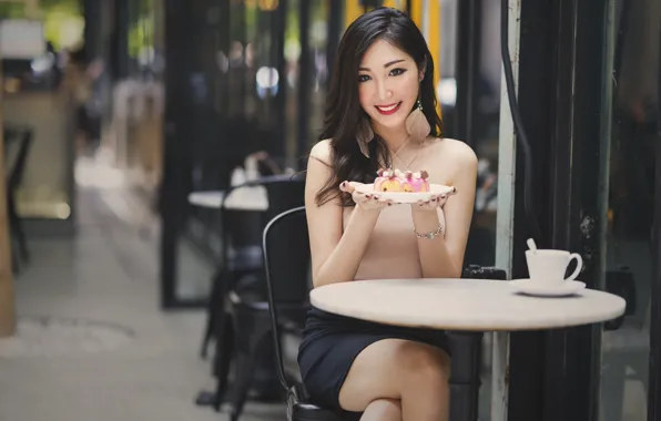Picture girl, smile, street, plate, cafe, table, sweet