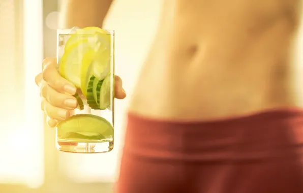 Picture woman, healthy, abs, water with lemon