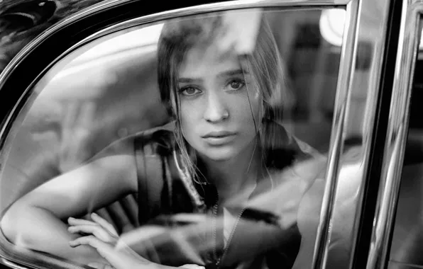 Glass, actress, photographer, black and white, car, journal, photoshoot, Alicia Vikander