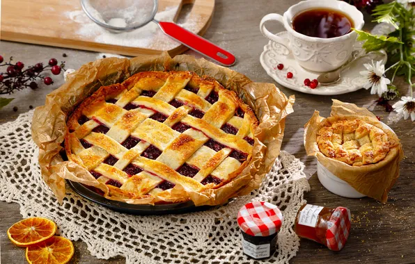 Tea, pie, dessert, cakes, jam, cranberry, candied