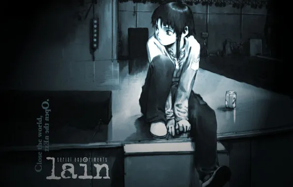 Picture Bank, sitting, Serial Experiments Lain, Lane Iwakura