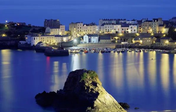 Night, lights, mountain, home, Bay, UK, County, Wales