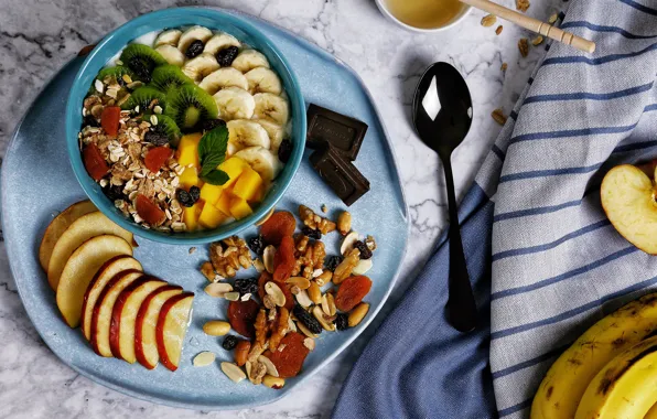 Breakfast, kiwi, bananas, fruit, dessert, cereal, cutting
