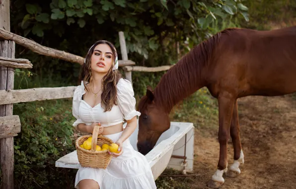 Picture girl, nature, animal, basket, horse, skirt, makeup, the fence