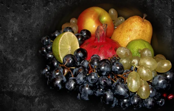 Apple, grapes, lime, pear, fruit, still life, garnet, author's photo by Elena Anikina
