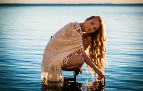Girl, lake, chair, hair, surface, direct gaze