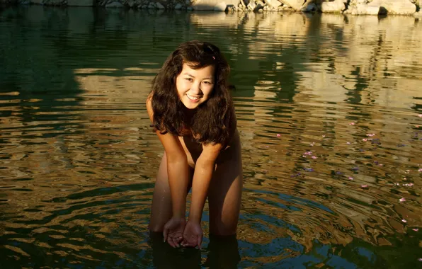 Girl, sexy, long hair, pussy, boobs, smile, water, beautiful