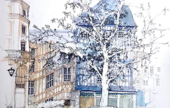 Picture trees, the city, street, figure, home, watercolor