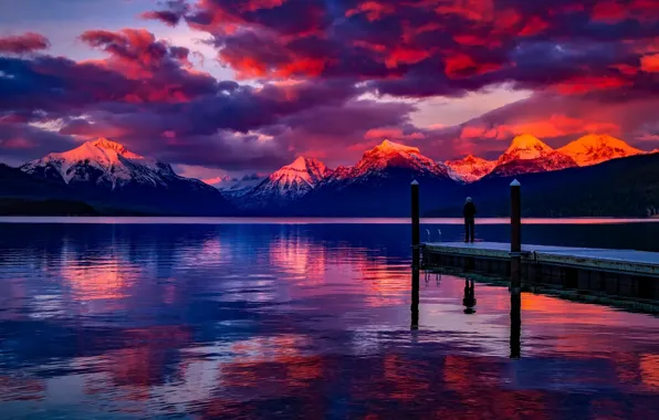 Picture mountains, lake, pier, glow, Montana, USA