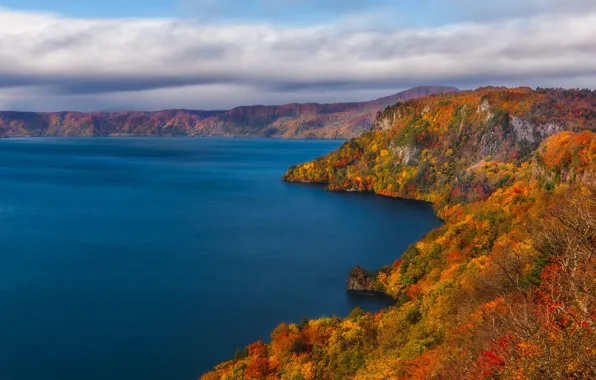 Picture autumn, mountains, hills, Japan, pond, Golden autumn, the trees