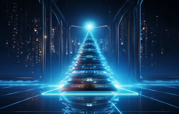 Lights, Christmas, New year, herringbone, blue background, Christmas tree, AI art, neural network