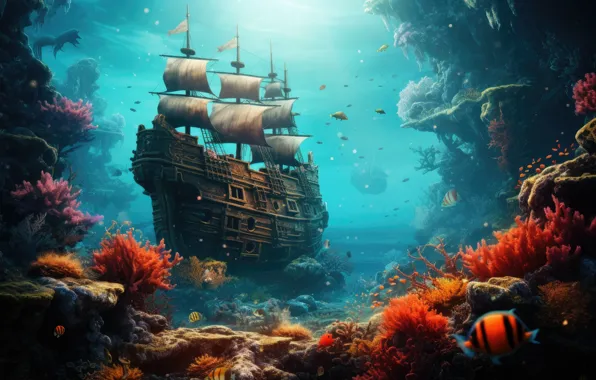 Sea, fish, the ocean, ship, corals, fantasy, old, underwater world