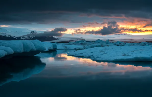 Ice, the sky, clouds, snow, sunset, lake, reflection, the evening