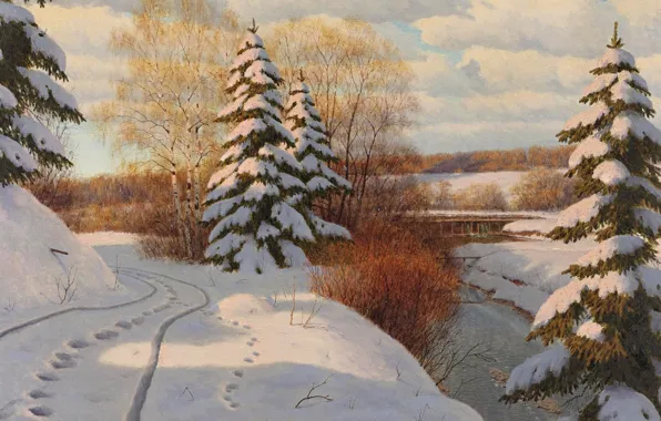 Winter, snow, trees, landscape, traces, river, shore, tree