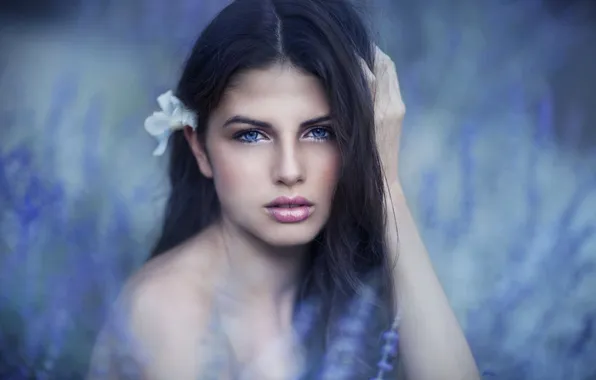 Look, flowers, background, model, body, hand, portrait, makeup