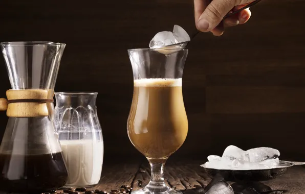 Board, glass, coffee, hand, ice, milk, coffee beans, coffee pot
