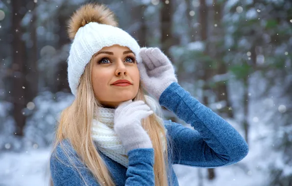 Picture girl, Model, long hair, photo, blue eyes, winter, snow, bokeh