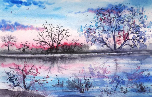 Trees, birds, lake, reflection, the evening, watercolor, painted landscape