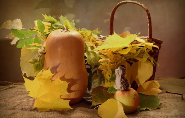 Autumn, leaves, table, basket, Apple, pumpkin, still life, burlap