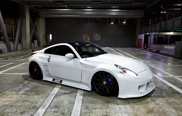 Nissan, white, 370z, stance, vossen wheels