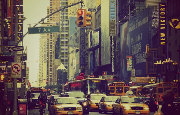 New York, signs, traffic light, taxi, bus, Manhattan, cars, life