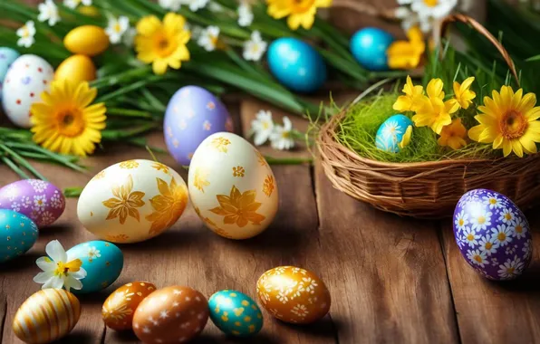 Flowers, eggs, spring, colorful, Easter, flowers, spring, Easter