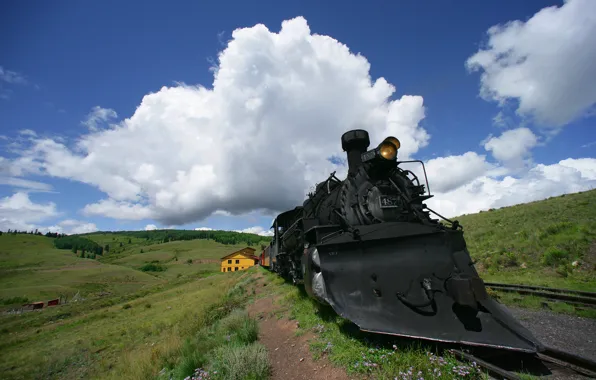 Road, clouds, the engine, locomotive, Iron