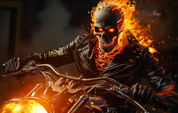 Picture fire, sake, Ghost Rider, motorcycle, digital art, Marvel Comics, gloves, jacket