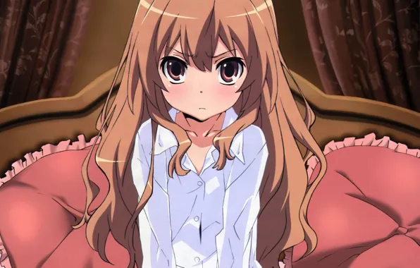 Girl, pillow, Anime, shirt, curtains, Aisaka Taiga, Toradora