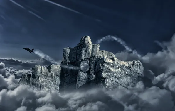 Picture clouds, flight, rock, the plane, mountain, hole, fighter, art