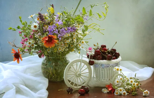 Summer, cherry, berries, chamomile, bouquet, still life, composition, sweet peas