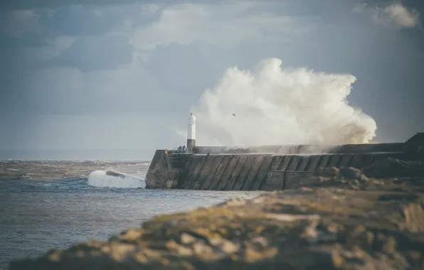 Sea, wave, the sky, clouds, squirt, stones, lighthouse