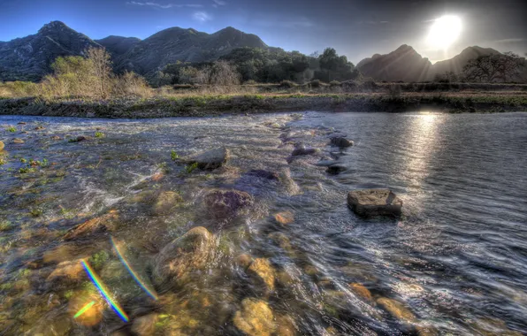Picture the sun, mountains, river, stones, stream, spring