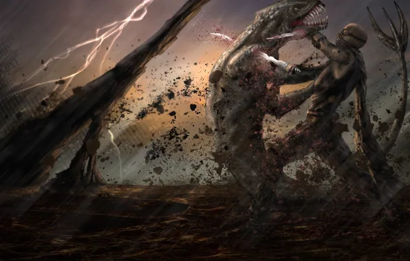 Picture the storm, weapons, monster, art, mouth, fight, Riddick