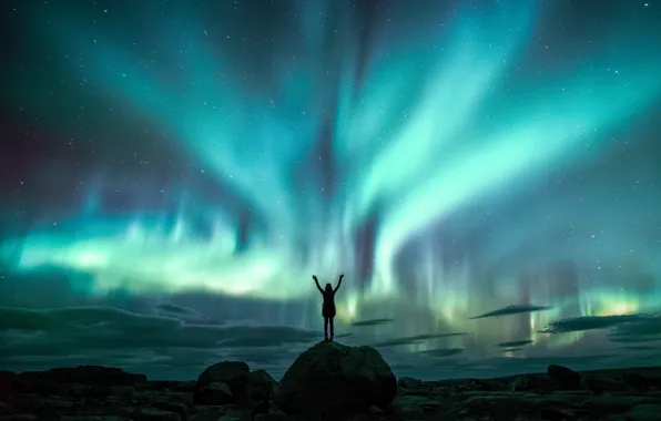 The sky, girl, stars, night, rocks, people, Northern lights