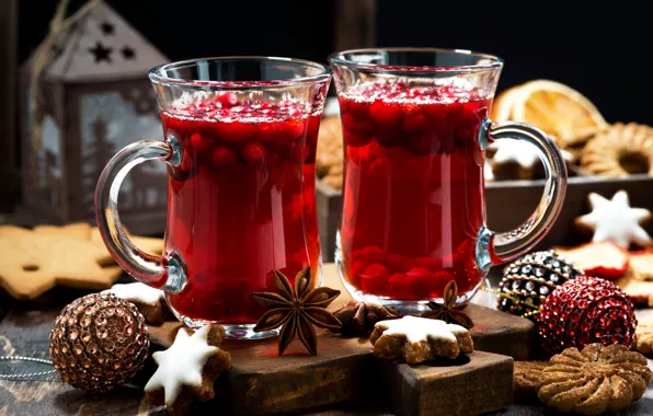 Berries, balls, cookies, Christmas, New year, drink, hot, mugs