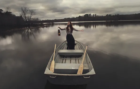 Girl, lake, boat, lamp
