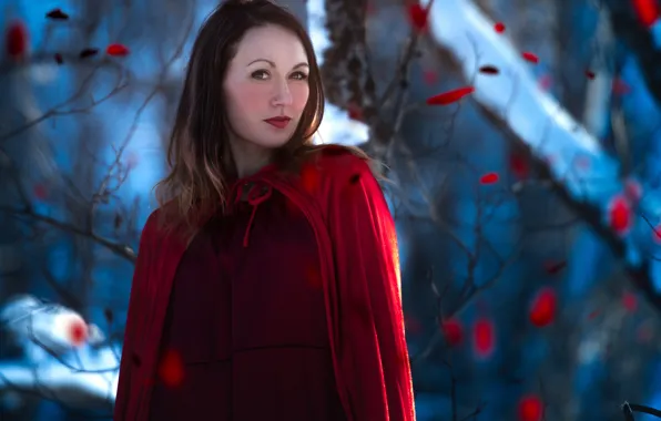 Picture winter, look, leaves, girl, snow, trees, branches, red