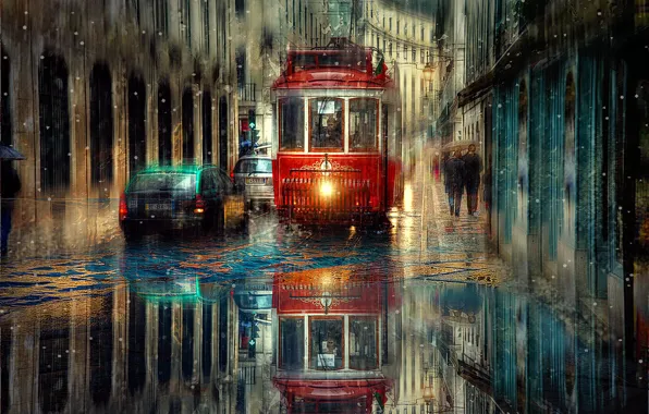 Picture machine, the city, rain, transport, street, tram