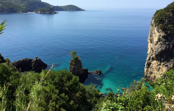 Sea, stones, rocks, coast, Greece, horizon, Corfu