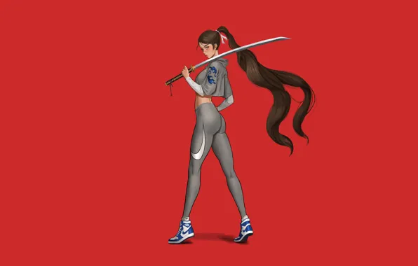 Girl, Minimalism, Style, Girl, Hair, Sword, Costume, Red