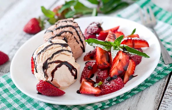 Berries, Board, towel, strawberry, plate, ice cream, plug, mint