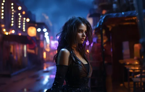 Road, look, girl, light, night, the city, lights, pose