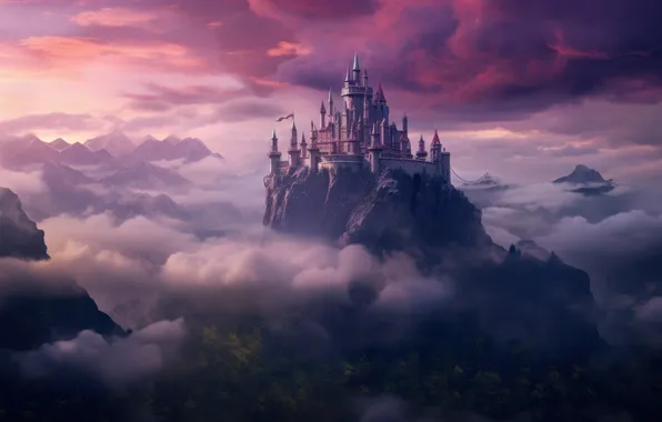 Clouds, fog, castle, rocks, heaven, height, fantasy, haze