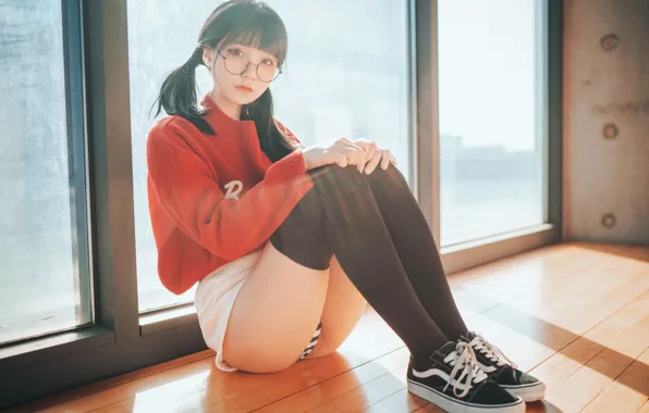 Twintails, model, women, asian, glasses, sweater, miniskirt, jeong jenny