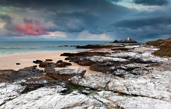 England, Cornwall, lighthouse Godrevy, Bay St Ives
